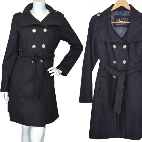 Guess Jackets & Blazers - Guess Women’s Black Wool Blend Belted Coat